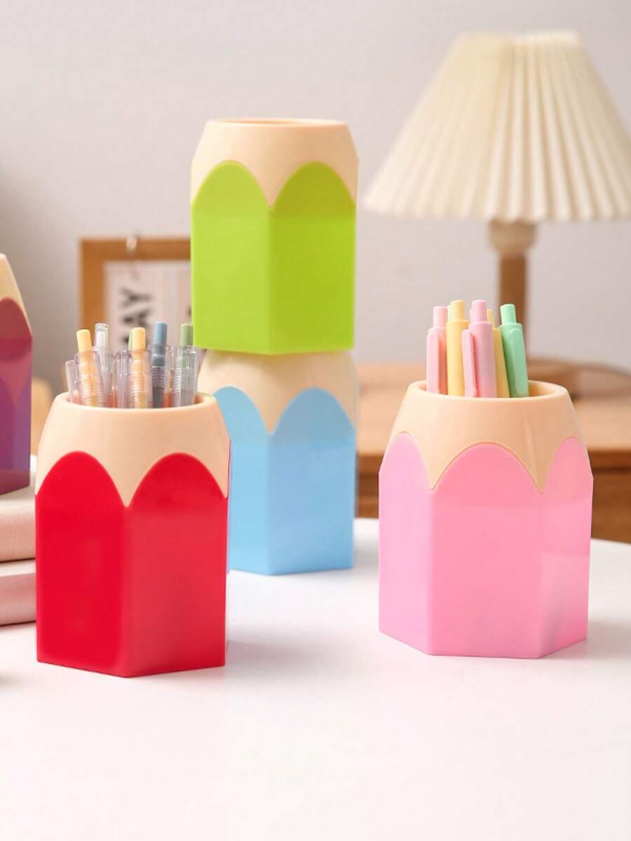 2pcs Creative Pen Holder And Makeup Brush Storage Bucket, Large Capacity Desktop Organizer, Big Pencil Head Shaped Contrast Color Cylinder, Storage Space, Break Monotony, Office Storage, Desktop Storage, Pen Holder, Pen Box, Pencil Tray, Desktop Organizer, Pen Holder, Suitable For Students, Home Office, Valentine's Day: This Is The Perfect Gift For Your Loved One Or Partner. - Multicolor - View 1