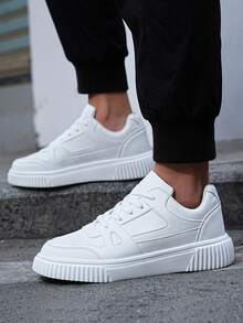 Men's White Leather Sneakers, Chunky Sole Casual Shoes - Minimalist Fashion Gift For Him - 白色 - 查看 5