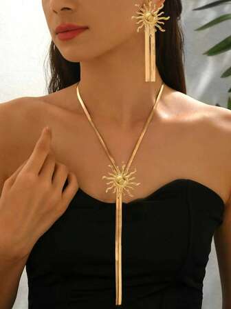 2pcs/Set New Creative Middle Eastern Sunflower Long Tassel Y-Shape Minimalist Elegant Gold Jewelry Set, Combining Chain And Sunflower Design, Metallic, Suitable For European & American Party Outfits And Occasions