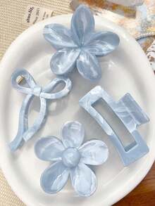 1pc Spring/Summer Boho Style Sweet Light Blue & White Marble Bowknot Daisy Square Hair Clip, Beach Hair Accessory, Autumn/Winter - Blue Bow - View 2