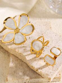 3pcs 18K Gold Plated Stainless Steel Elegant Geometric Flower Enamel White Ring Set, Versatile For Women Daily, Festival, Party, Date Wear - Multicolor - View 4