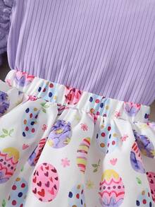 4件套女婴复活节休闲日常可爱紫色针织圆领英文印花泡泡袖长袖拼接针织印花连体衣，白色针织袜，紫色蝴蝶结发带，春秋季套装 - 淡紫色 - 查看 10