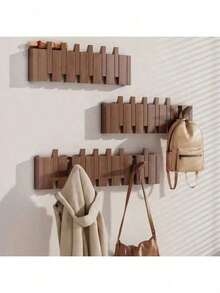 1pc Wooden Wall Mounted Coat Hook Rack, Modern Piano Hanger For Hanging Jackets, Keys, Hats, Towels, Space-Saving Entryway Organizer, (Drill Holes Or No Holes Required) - Multicolor - View 8