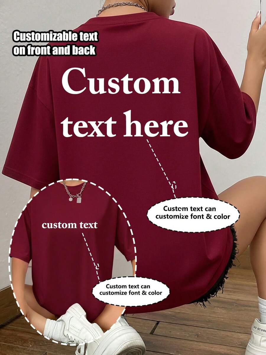 Camiseta de manga corta personalizada para mujer - Personalizable por delante y por detrás - Añade tu propio texto (color y fuente opcionales), estampado de patrón de verano - Burdeos - Ver 1