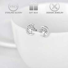 1 Pair 925 Sterling Silver Minimalist Elegant Cubic Zirconia Moon & Tree Of Life Design Stud Earrings, Suitable For Daily Casual, Vacation, Wedding, Holiday, Birthday, Valentine's Day Gift - Silver - View 7