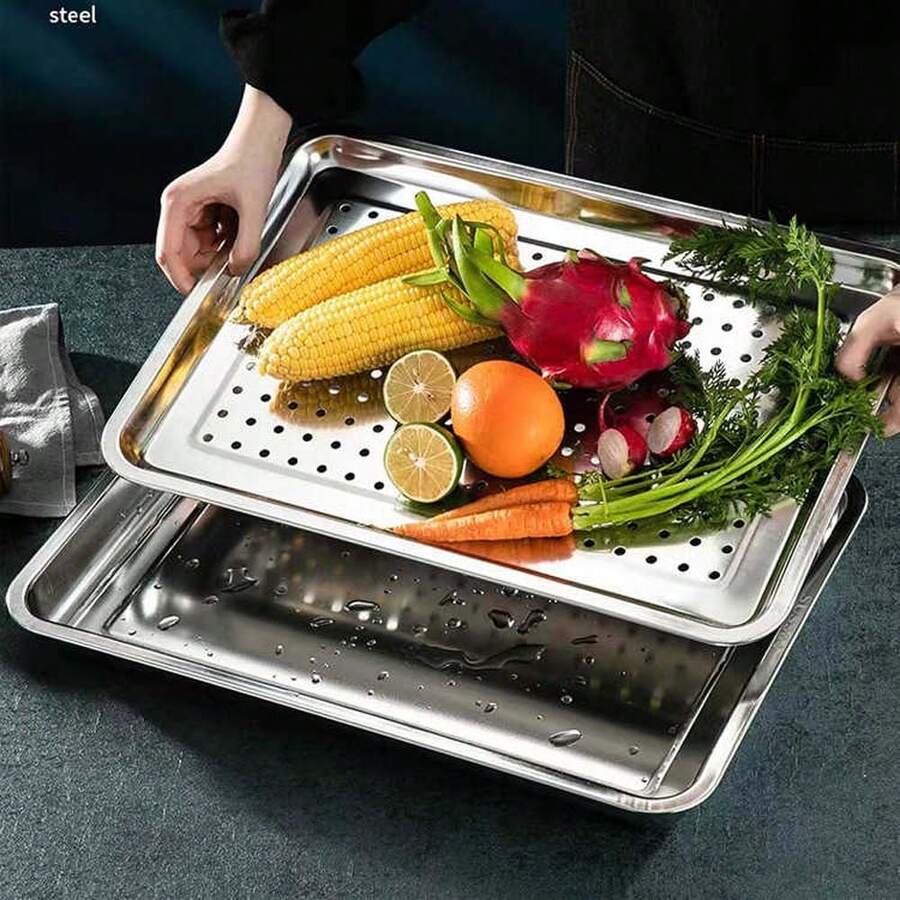 Bandeja de Acero Inoxidable 36*22*4 cm Bandeja de cocina multiusos. Horno de cocina. Bandeja multipropósito. Accesorios de cocina, comedor y bebidas. - Plateado - Ver 1