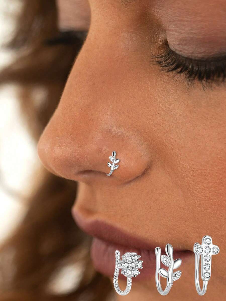 1pc S925 Sterling Silver Simple Cross Nose Clip, No Piercing Required, Women's Nose Ring | Low Allergy Nose Accessory Gift - Silver - View 1