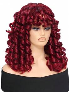 18 Inch Women Long Curly Wig With Bangs, Big Fluffy Synthetic Fiber Wig Without Glue Or Trace, Suitable For Cosplay And Daily Wear - Red - View 5