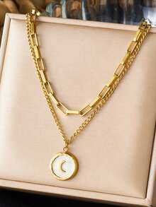 1 pieza de collar de joyería de acero inoxidable con colgante de luna, círculo de corazón blanco y negro, y cadena doble capa apilada con lazo de estilo elegante y sencillo chapado en oro - Blanco - Ver 4