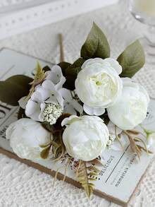 1pc/3pcs Purple Artificial Hydrangea Peony Rose Flower Bouquet, Home Decor, Wedding Bridal Bouquet, Valentine's Day Gift - White - View 5