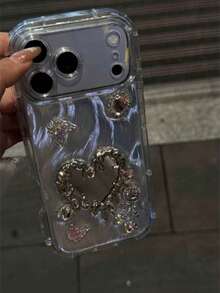 Luxury Resin Heart Mirror Rhinestone Phone Case Compatible With IPhone 16/17 Pro Max/ 15 Pro, Full Coverage Anti-Drop Protection Compatible With IPhone 14/13, Women - Silver - View 4