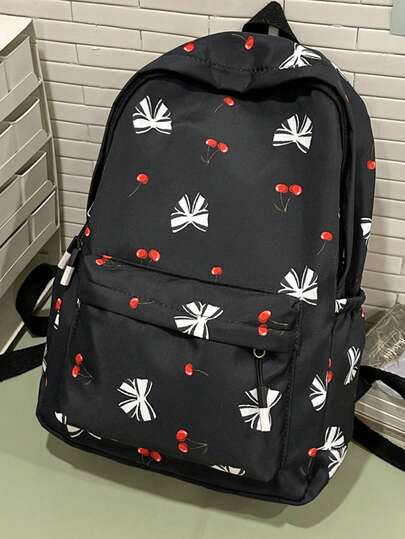 New Cute Bow Tie Cherry Pattern Backpack, Lightweight Backpack, Large Capacity Student Backpack, Fresh Compact Youth Travel Backpack, Campus Style Backpack, Suitable For School Use, Must-Have Backpack For Back To School Season