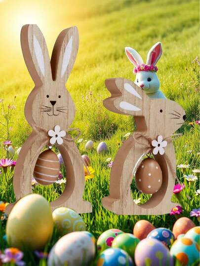 Bộ 2 món đồ trang trí xếp chồng hình thỏ và trứng bằng gỗ dễ thương, thích hợp trang trí nhà cửa, tiệc tùng, mang đến không khí mùa xuân vui tươi.