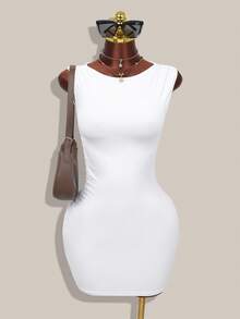 女士白色无袖褶皱紧身迷你连衣裙，修身休闲时尚连衣裙 - 白色 - 查看 2