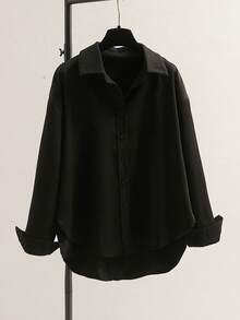 Minimalist Lapel Long Sleeve Loose Women's Shacket, Featuring Shirt Collar And Asymmetric Hem Design - Black - View 4