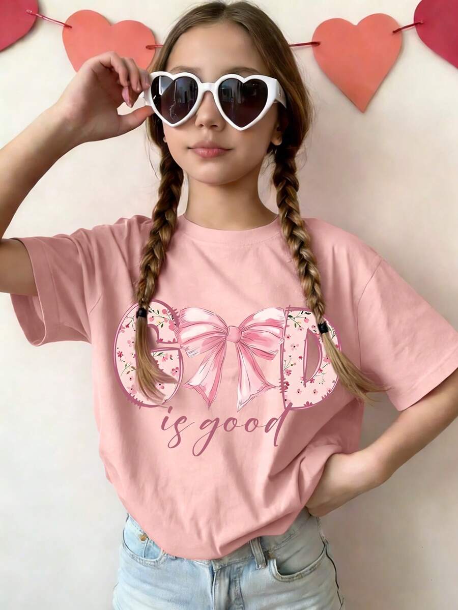 Tween Girl 可爱 Sunny Girl 蝴蝶与标语印花套头圆领 T 恤，全新春夏系列 - 粉色 - 查看 1