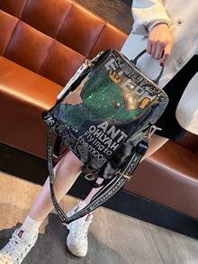 1 Piece Of Women's Backpack, Men's Backpack, Couple's Backpack, Black, Personalized Diamond Inlaid Backpack, Back To School Season College Style Backpack, Cartoon Backpack, Letter Printed Diamond Inlaid Design, Women's Backpack, Shoulder Bag, Handbag, Crossbody Bag, Adjustable And Detachable Shoulder Strap - Black - View 3