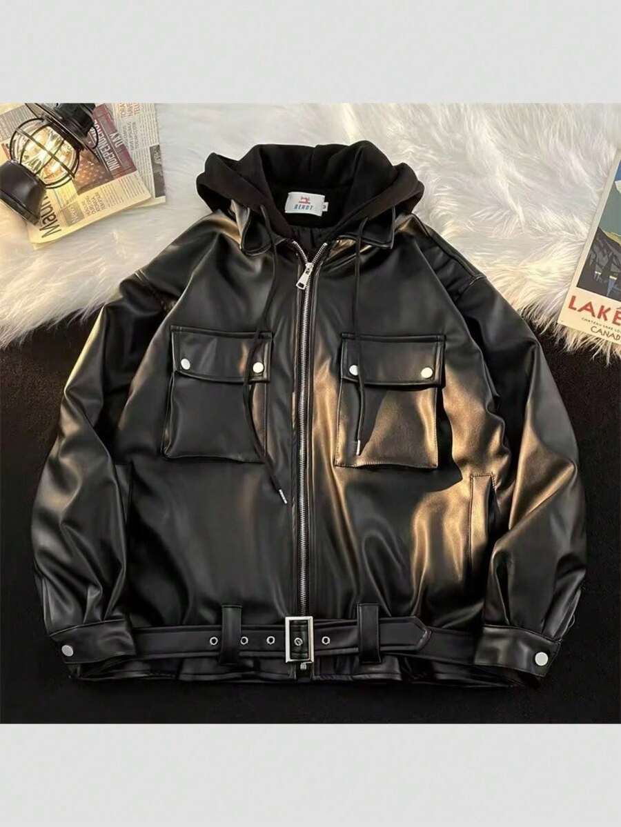 Chaqueta de Cuero para Hombre con Efecto Dos Piezas, Estilo Americano - Chamarra de Moto en Piel Sintética, de Calle para Otoño y Primavera - Negro - Ver 1