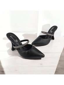 Women's Mule Shoe With Rhinestone Strap, High Heel, 9.5cm Cup, Madame Winter Collection 2026 - Camel - View 3