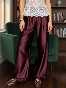 Women's Spring Summer Satin Pants High Waist Solid Color Loose Wide Leg Trousers - Coffee Brown - View 4