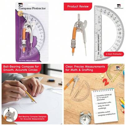 Metal Ball Bearing Compass And 6 Inch Protractor Set With Ruler, Clear Plastic Geometry Tools For School And Drawing
