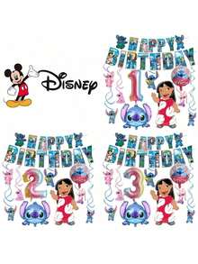 11pcs Lilo & Stitch Themed Birthday Decoration Set For Ages 1-9, Including Stitch-Shaped Balloons And 'HAPPY BIRTHDAY' Letter Banner, Perfect For Birthday Parties - Multicolor - View 1