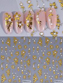 2片金色金属美甲贴纸，奢华花瓣藤蔓图案，5D立体浮雕，自粘式，节日美甲装饰，女士美甲配件，DIY家居及沙龙美甲设计，美甲用品 - 金色 - 查看 3