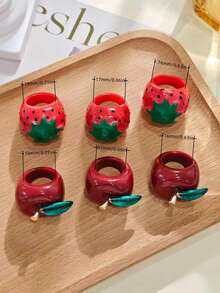 1 pieza Anillo de mujer de diseño personalizado de moda, anillo de fresa y manzana de resina, anillo de dedo único adecuado para uso diario - anillo de fresa - Ver 6