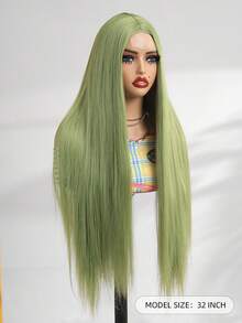 32英寸超长草绿色女士假发，直发无刘海假发，4x2 U型蕾丝假发，合成纤维材质，外观自然，适合日常、派对等场合，易于佩戴的中分假发，耐热合成纤维假发，圣帕特里克节角色扮演假发 - 綠色 - 查看 5