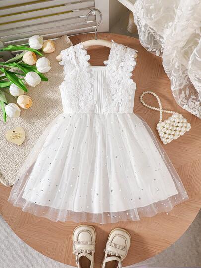 Đầm dài ngang gối cho bé gái, màu trơn, mềm mại, thoải mái, chất liệu vải dệt kim, phối ren, họa tiết chấm bi sao trăng, dây lưới, thích hợp mặc ngoài trời, mùa xuân/hè.