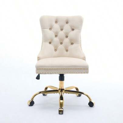 Home Office Chair,Modern Velvet Upholstered Tufted Button Home Office Chair With Golden Metal Base,Adjustable Desk Chair Swivel Office Chair (Beige),DE1923BG