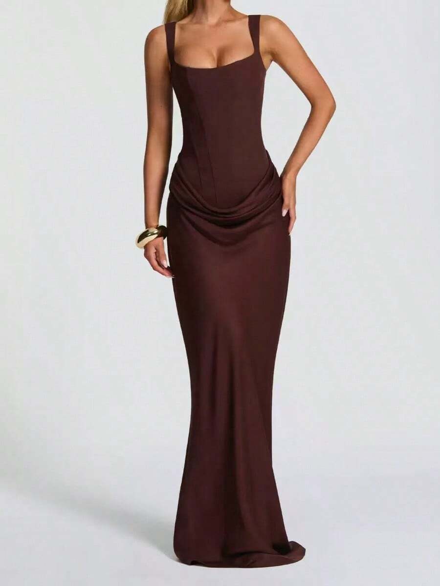 1pc Women's Solid Color Elegant Bodycon Long Sleeve Deep V Dress