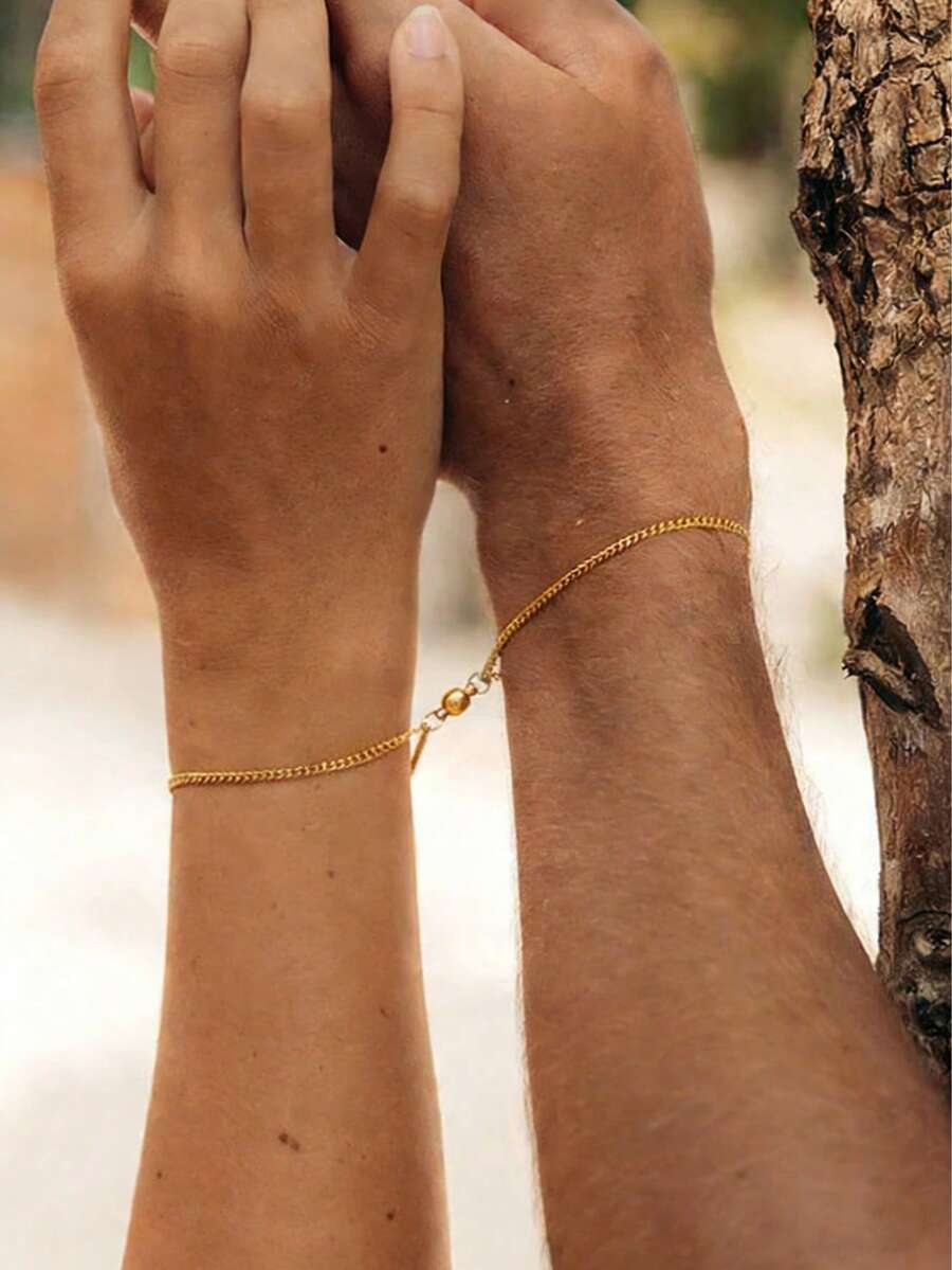 Bộ 2 vòng tay mặt dây chuyền hình trái tim bằng thép không gỉ có nam châm, vòng đeo tay unisex, thích hợp làm quà tặng cho bạn trai/bạn gái, quà tặng ngày Valentine. - Quả cầu vàng - Xem 1