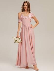 EVERPRETTY Summer Simple V-Neck Irregular Ruffled Neckline Pink Bridesmaid Dress For Wedding - Baby Pink - View 3