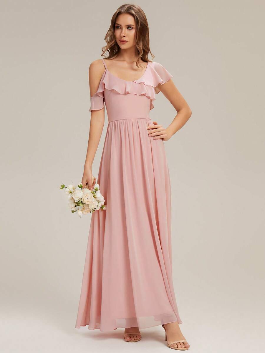 EVERPRETTY Summer Simple V-Neck Irregular Ruffled Neckline Pink Bridesmaid Dress For Wedding - Baby Pink - View 1