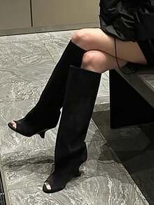 Knee High Boot Open Toe Kitten Heel Stiletto Heeled Boots For Woman Suede Wide Calf Long Boots Heeled Slouchy Formal Shoes Winter Tall Boots For Women - Nhung đen A - Xem 11
