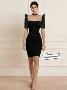 Amyenjoylife 现代菲律宾风蝴蝶袖可拆卸袖时尚优雅女士露肩上衣（不含裙子） - 黑色 - 查看 4