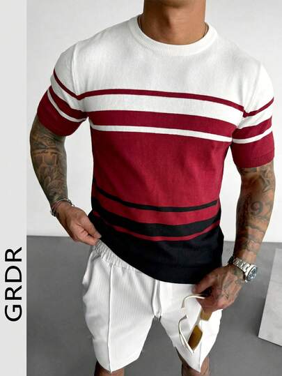 GRDR 男士春夏翻领短袖半拉链黑白宽条纹镂空针织修身时尚休闲风百搭日常针织Polo衫