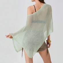 Womens Sheer Blouse Top Knit Lightweight Shrug Sweater Poncho Y2K Sheer See Through Knit Poncho Asymmetric Shrug Bolero Beach Cover Up Tops Pullover Crochet Shawls - 薄荷綠 - 查看 11