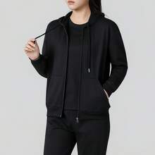 女士休闲日常纯色拉链连帽衫，适合骑行、徒步、跑步、户外运动，春秋季穿着。 - 黑色 - 查看 12