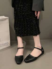 法式方头低帮镂空平底玛丽珍鞋，休闲复古纯色乐福鞋，适合春秋季穿着 - 黑色 - 查看 4