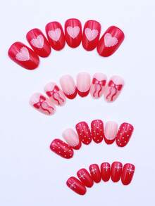 Bộ 24 móng giả hình bầu dục bóng, chấm bi, viền đỏ, điểm nhấn nơ đỏ, bao gồm 1 dũa móng và 1 bộ sticker dán móng, phù hợp cho nữ và bé gái, lý tưởng để trang trí móng tay vào dịp năm mới, Lễ tình nhân và các dịp khác. - Nhiều màu - Xem 4