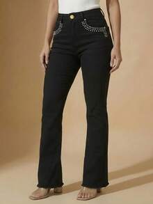 pthirillo Women's Black Flare Jeans With High-Waisted Butt-Lifting Effect And Rhinestone Detail. - 口袋周圍的水鑽 - 查看 1