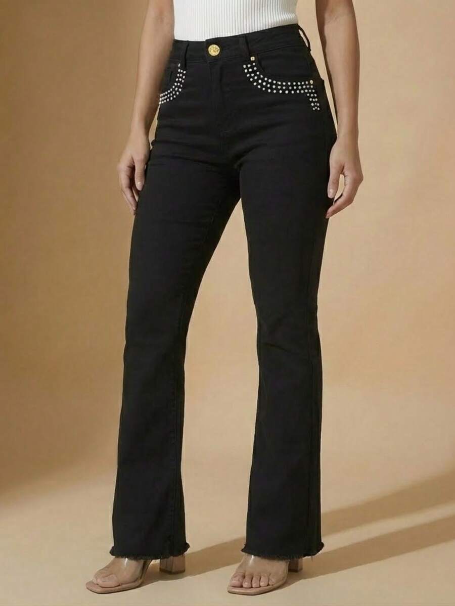 pthirillo Women's Black Flare Jeans With High-Waisted Butt-Lifting Effect And Rhinestone Detail. - 口袋周圍的水鑽 - 查看 1