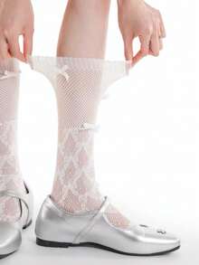 1 Paio di calze alla caviglia di stile coreano Ins con fiocco, pizzo e design a rete traforata, di lusso, adatte per uso quotidiano, feste, festival ed eventi formali - Bianco - Visualizzare 1