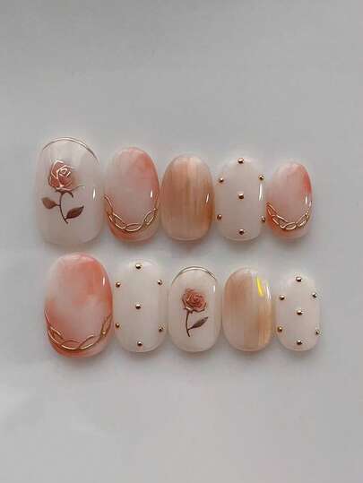 10pcs Pure Handmade Press On Nails Short Oval Nail Amber Orange Golden And White Nails With Rose And Dot Pattern Cute Pain Y2k Gentle Fancy For Women And Girl,Spring Summer Fall Winter,Holiday And Daily Life Use