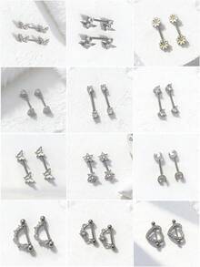 2pcs Elegant Sparkling Cubic Zirconia Heart, Flower, Butterfly, Moon Hoop Earrings, Stainless Steel Barbell Nipple Rings Body Piercing Jewelry - Silver - View 1