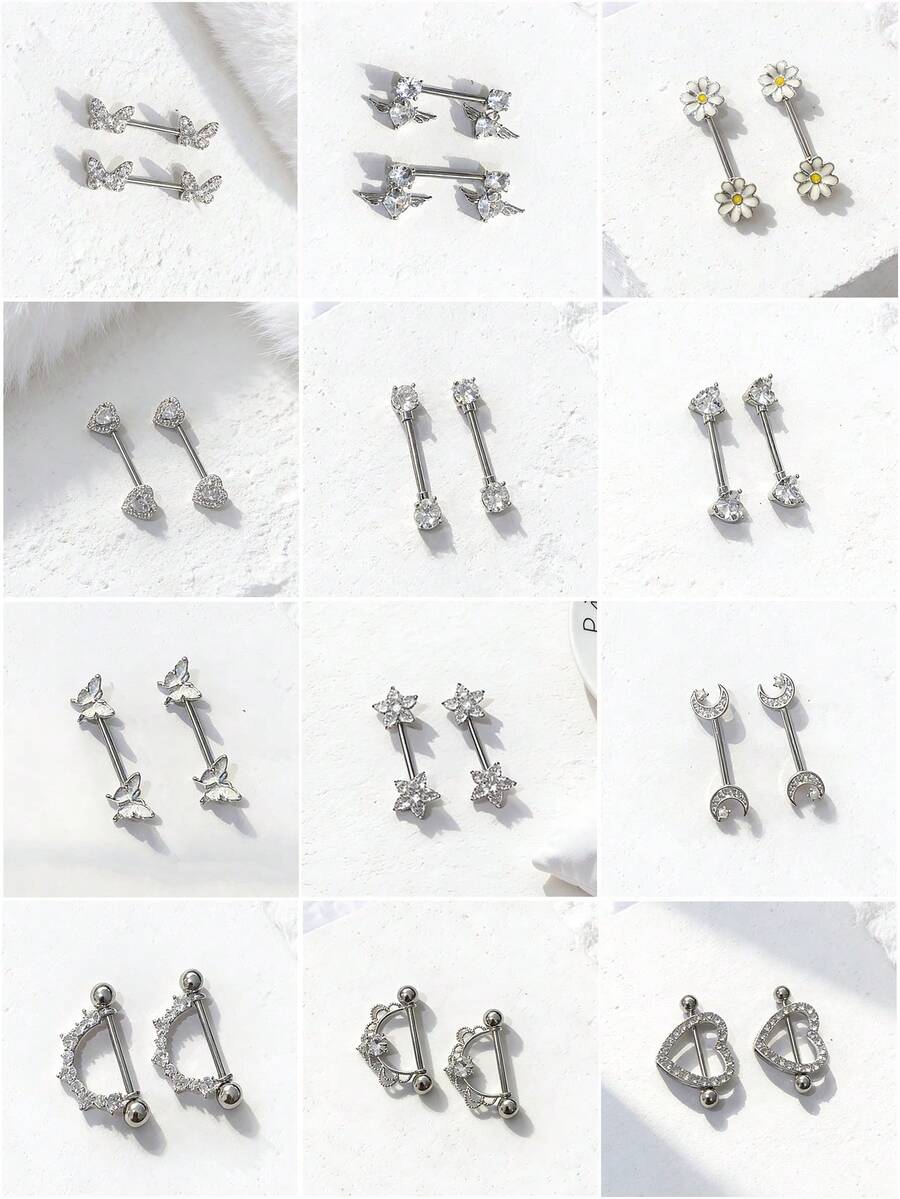 2pcs Elegant Sparkling Cubic Zirconia Heart, Flower, Butterfly, Moon Hoop Earrings, Stainless Steel Barbell Nipple Rings Body Piercing Jewelry - Silver - View 1