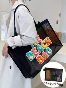 尼龙字母印花沙滩网眼手提包，沙滩度假风沙滩包，彩色蝴蝶结图案，大容量沙滩包，自用或送礼佳品，适合送给朋友、母亲、老师等，大容量手提包 - 彩色 - 查看 8