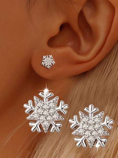 1 Pair S925 Sterling Silver Simple & Romantic Snowflake Stud Earrings, Women's Fashionable High-End Cubic Zirconia Snowflake Versatile Earrings, Exquisite Gift